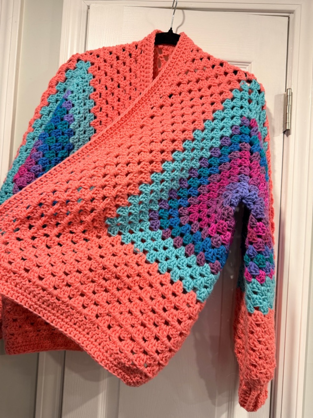 Handmade Crochet Granny Square One Size Cozy Cardigan Boho Chunky Knit Sweater - Picture 5 of 9